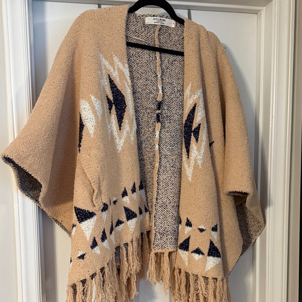 Cozy Aztec Fringe Poncho Sweater - Beige - Picture 4 of 5